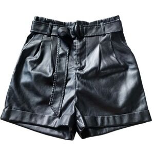 New Lulus Black High Waist Tailored Pleated Vegan Faux Leather Shorts Size Small